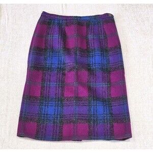 Vtg 1970s Women's Homemade Wool Plaid Skirt Pink Purple Blue Size Aprox M or L